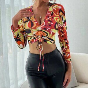 Boho Print Drawstring Crop Top